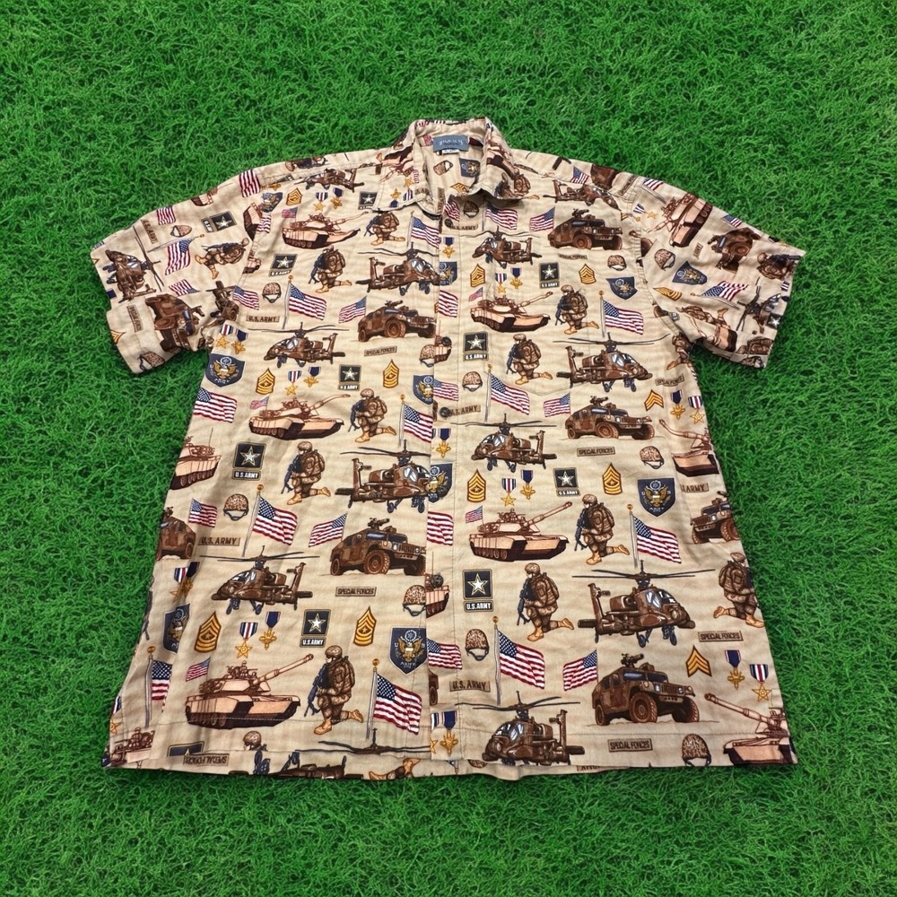 High Seas Trading‎ Co Mens XL U. S. Army Hawaiian Shirt Helo Tank Soldier AOP